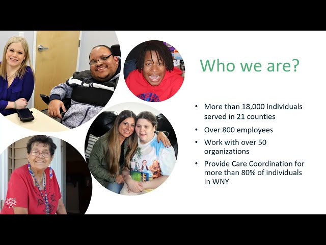 Slide with four photos of smiling individuals, including people with and without disabilities, next to text listing organization details about serving 18,000+ individuals, 800 employees, 50 organizations, and care coordination services.